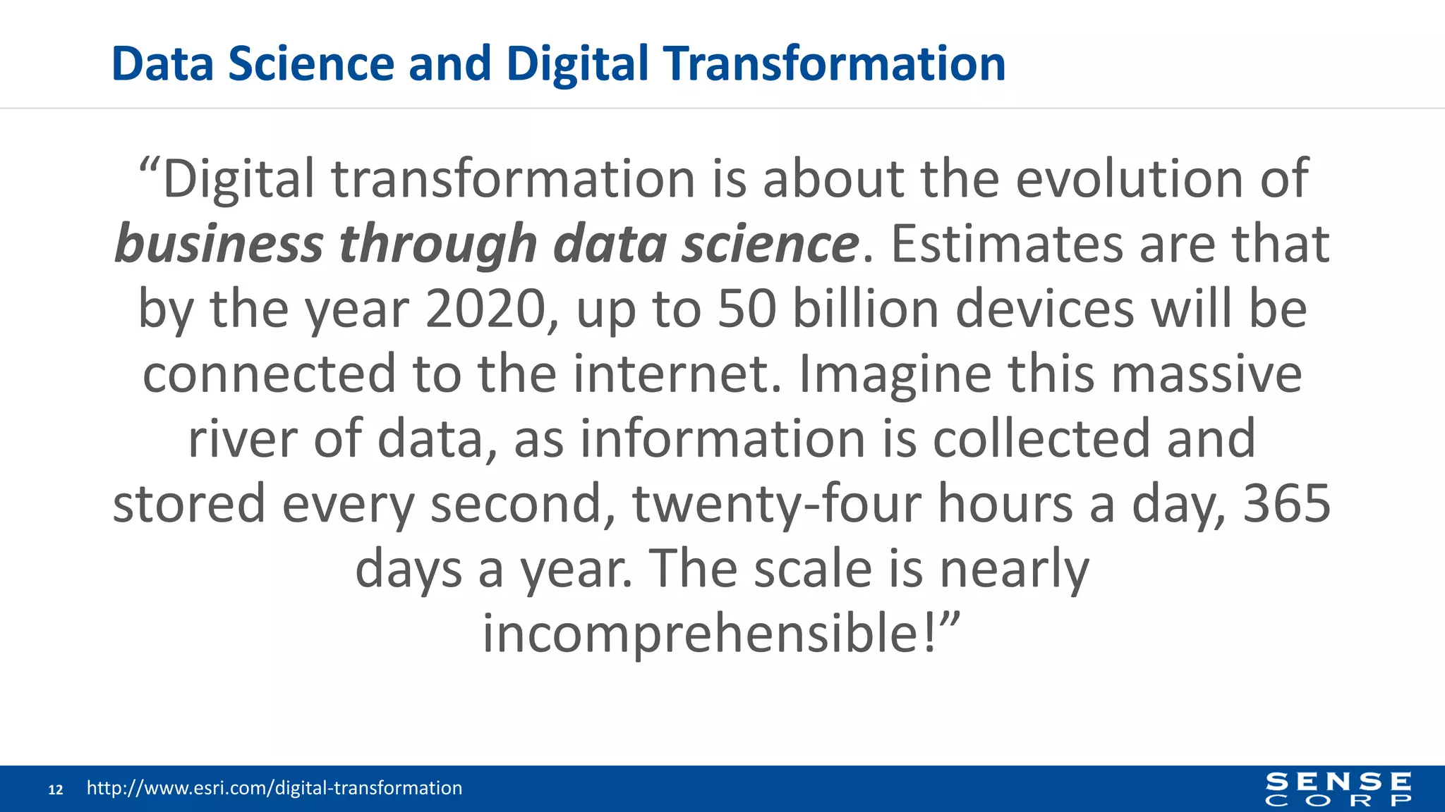 Data Science and Digital Transformation
“Digital transformation is about the evolution of
business through data science. Estimates are that
by the year 2020, up to 50 billion devices will be
connected to the internet. Imagine this massive
river of data, as information is collected and
stored every second, twenty-four hours a day, 365
days a year. The scale is nearly
incomprehensible!”
12 http://www.esri.com/digital-transformation
 