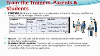 Train the Trainers, Parents &
Students
 WEBINARS: Webinars are great source of information to train the educators and their up
skilling. It can be arranged online or offline.
 VIDEOS: YouTube links can be shared with parents, educators and Students
for their better understanding.
 TRAINING GUIDE/MANUAL: This article will be a step-by-step guide on how to use
Microsoft Team, Google Classroom, Zoom. It will highlight the tool’s , key features and
accessibility of above mentioned application.
 