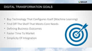 22
DIGITAL TRANSFORMATION GOALS
• Buy Technology That Configures Itself (Machine Learning)
• Find Off The Shelf That Meets Core Needs
• Defining Business Outcomes
• Faster Time To Market
• Simplicity Of Integration
 