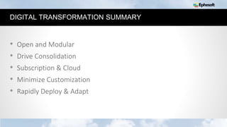 23
DIGITAL TRANSFORMATION SUMMARY
• Open and Modular
• Drive Consolidation
• Subscription & Cloud
• Minimize Customization
• Rapidly Deploy & Adapt
 