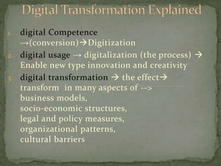 1. digital Competence
→(conversion)Digitization
2. digital usage → digitalization (the process) 
Enable new type innovation and creativity
3. digital transformation  the effect
transform in many aspects of -->
business models,
socio-economic structures,
legal and policy measures,
organizational patterns,
cultural barriers
 