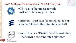 No PLM Digital Transformation : New Silosor Failure
• GE – digital became a new silo
instead of breaking the silos
• Ericsson - Past data (coordinated) is not
compatible with the future(connected)
• Volvo Trucks – “Digital Twin” is marketing
– not solving the connected approach
 