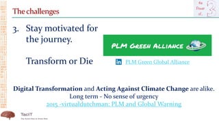 Thechallenges
3. Stay motivated for
the journey.
Transform or Die
Digital Transformation and Acting Against Climate Change are alike.
Long term - No sense of urgency
2015 -virtualdutchman: PLM and Global Warning
PLM Green Global Alliance
 