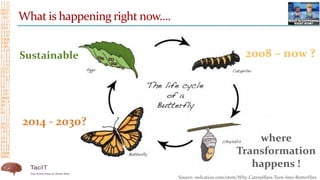 What is happening right now….
2008 – now ?
2014 - 2030?
where
Transformation
happens !
Sustainable
Source: owlcation.com/stem/Why-Caterpillars-Turn-Into-Butterflies
 