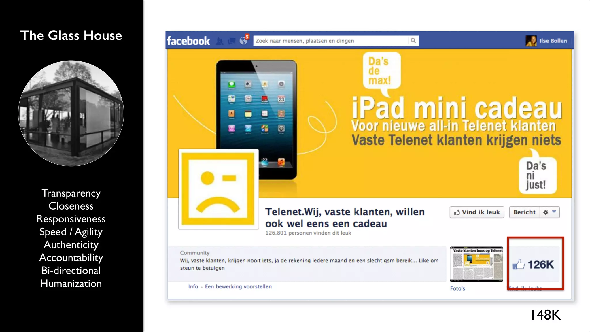 The Glass House

Transparency	

Closeness	

Responsiveness	

Speed / Agility	

Authenticity	

Accountability	

Bi-directional	

Humanization

148K

 