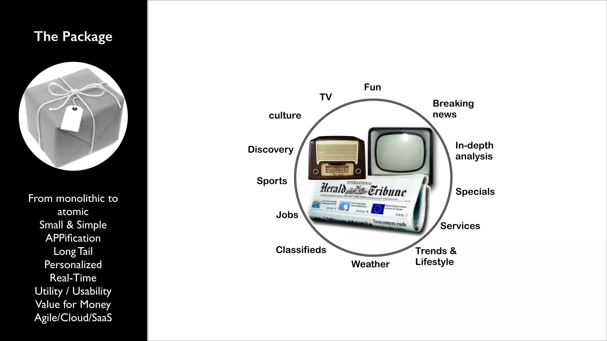 The Package

TV

Fun
Breaking
news

culture

In-depth
analysis

Discovery
Sports

From monolithic to
atomic	

Small & Simple	

APPiﬁcation	

Long Tail	

Personalized 	

Real-Time	

Utility / Usability	

Value for Money	

Agile/Cloud/SaaS

Specials

Jobs
Services
Classifieds
Weather

Trends &
Lifestyle

 
