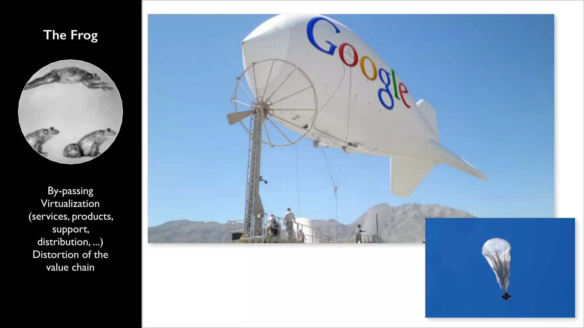 The Frog

By-passing	

Virtualization
(services, products,
support,
distribution, ...)	

Distortion of the
value chain

 