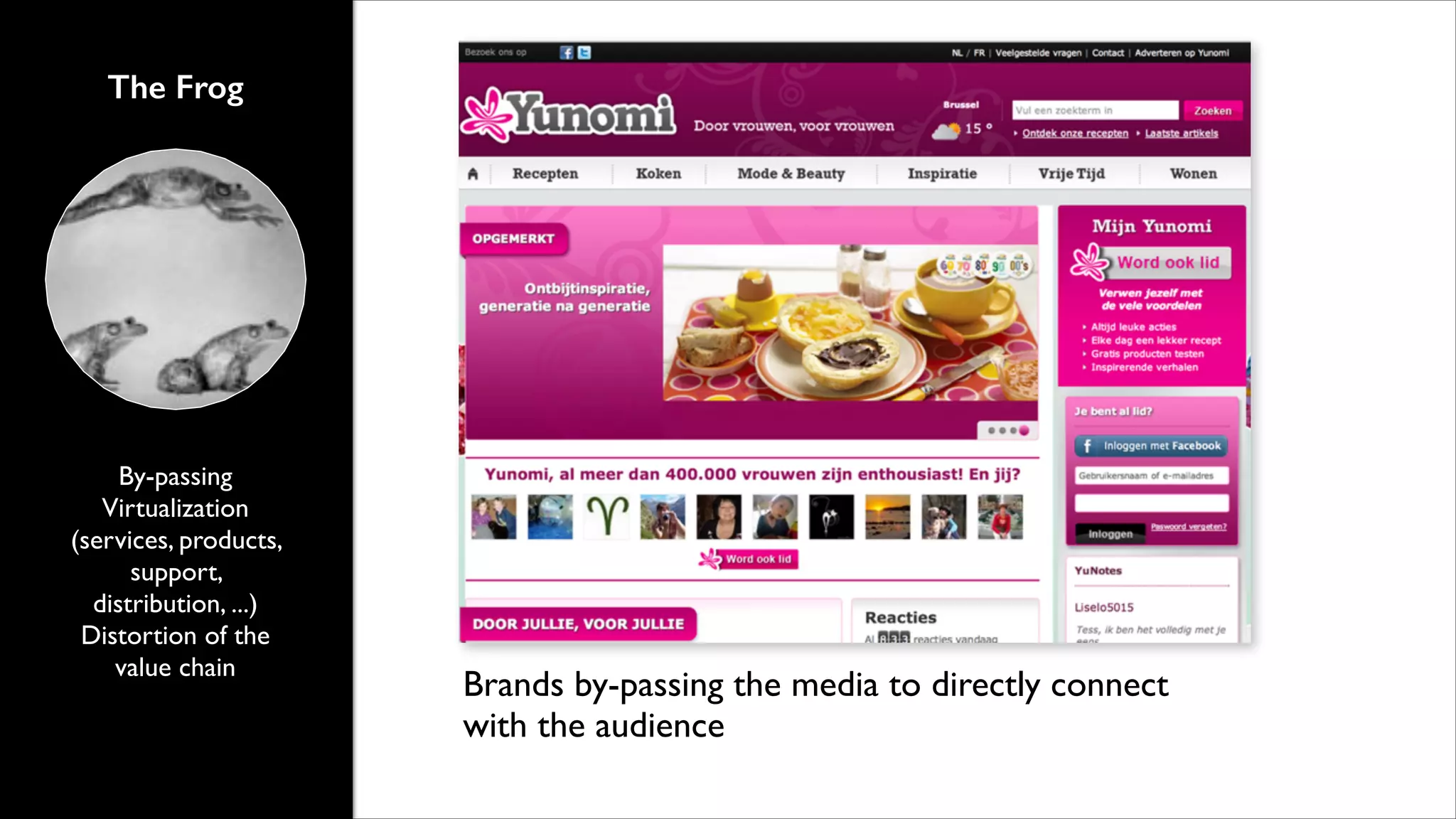 The Frog

By-passing	

Virtualization
(services, products,
support,
distribution, ...)	

Distortion of the
value chain

Brands by-passing the media to directly connect
with the audience

 