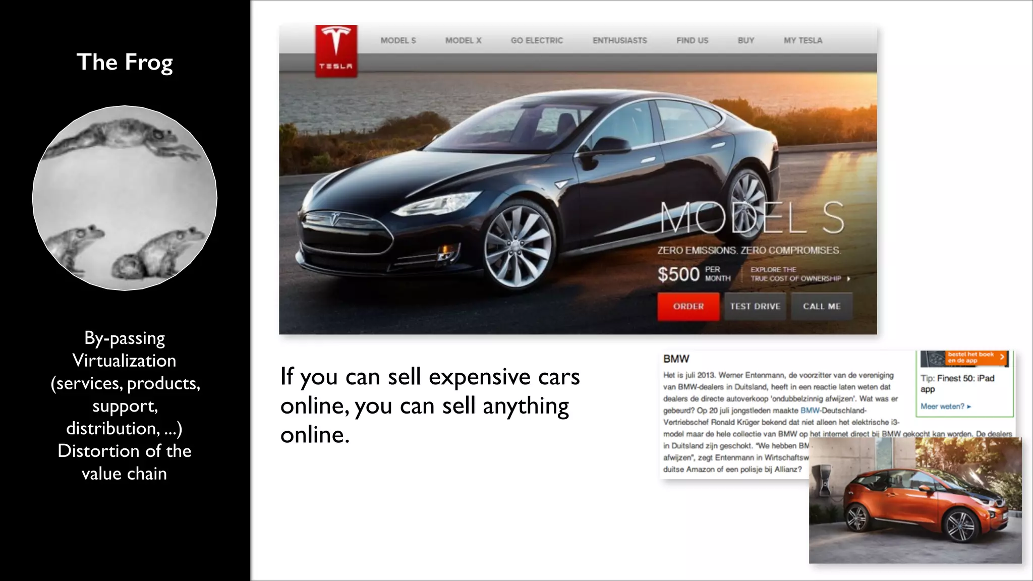 The Frog

By-passing	

Virtualization
(services, products,
support,
distribution, ...)	

Distortion of the
value chain

If you can sell expensive cars
online, you can sell anything
online.

 