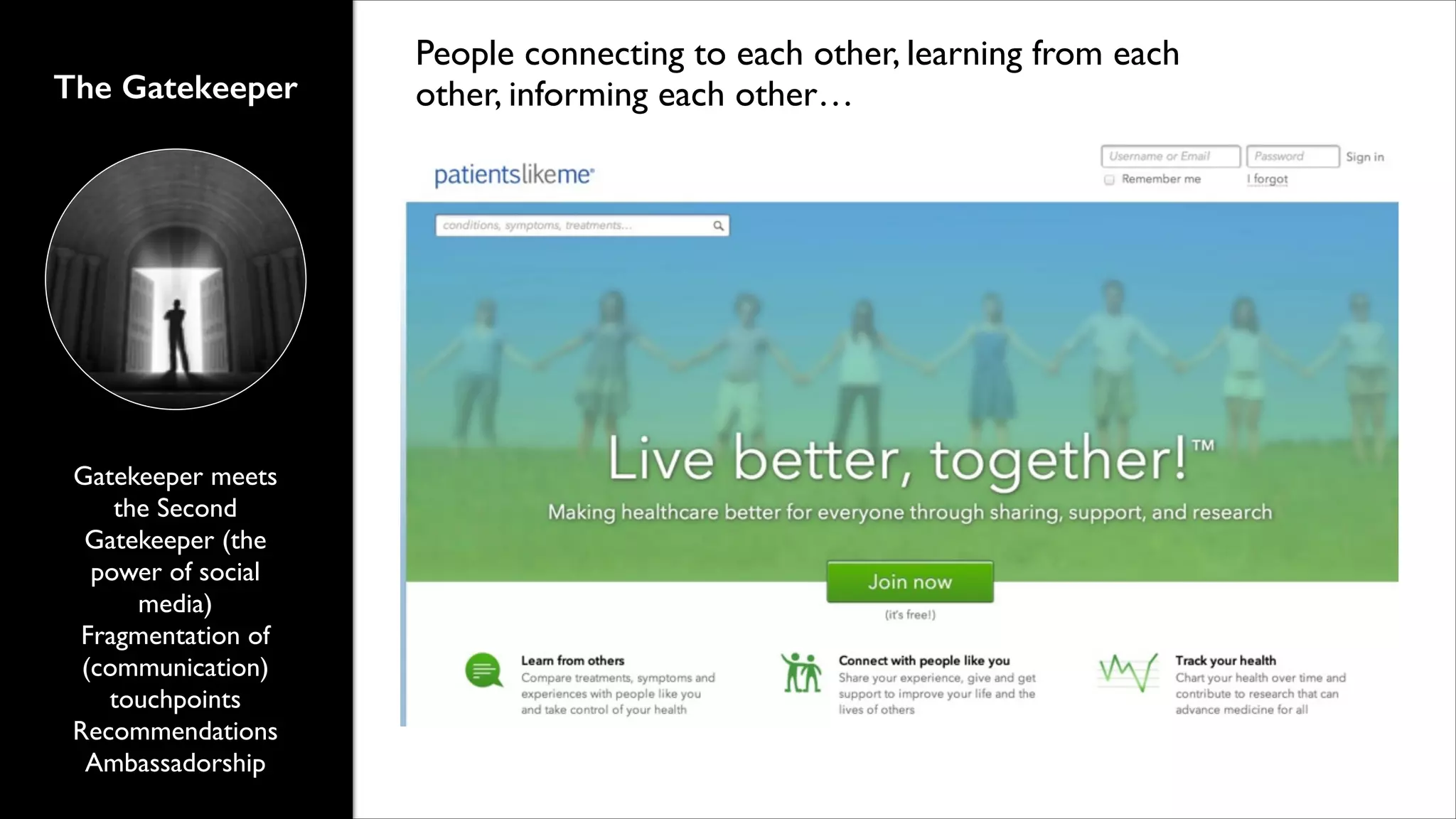 The Gatekeeper

Gatekeeper meets
the Second
Gatekeeper (the
power of social
media)	

Fragmentation of
(communication)
touchpoints	

Recommendations	

Ambassadorship

People connecting to each other, learning from each
other, informing each other…

 