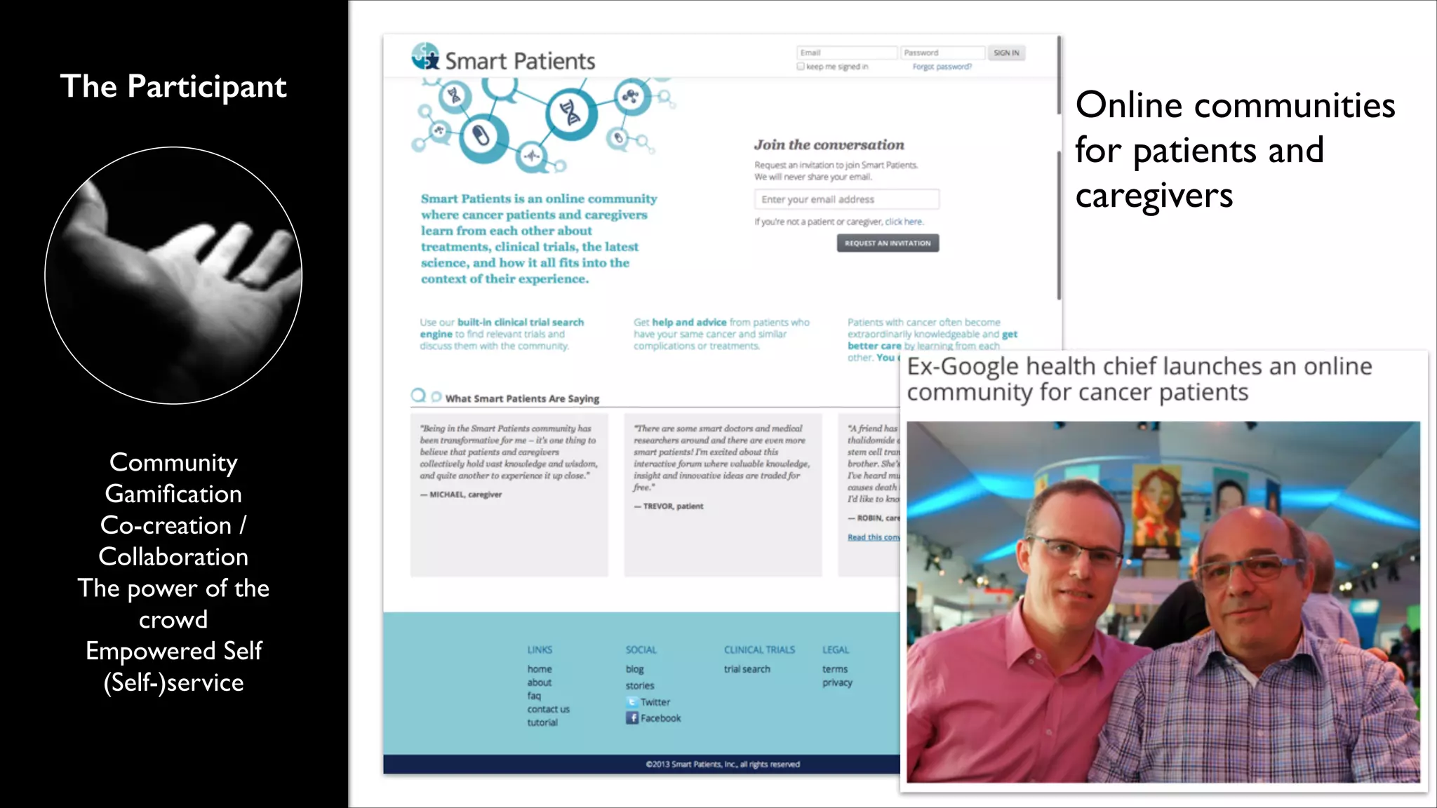 The Participant

Community	

Gamiﬁcation 	

Co-creation /
Collaboration	

The power of the
crowd	

Empowered Self	

(Self-)service

Online communities
for patients and
caregivers

 