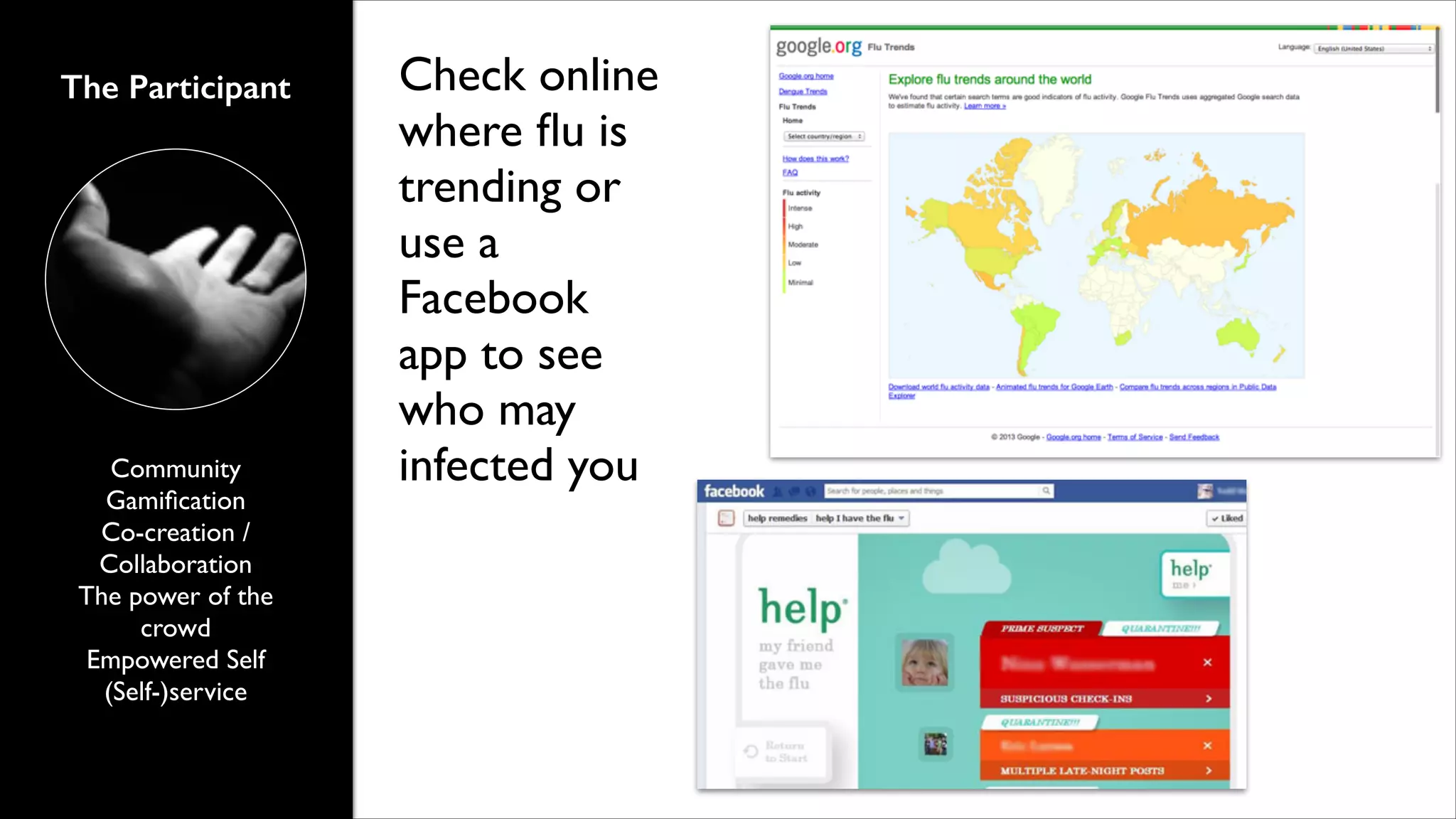 The Participant

Community	

Gamiﬁcation 	

Co-creation /
Collaboration	

The power of the
crowd	

Empowered Self	

(Self-)service

Check online
where ﬂu is
trending or
use a
Facebook
app to see
who may
infected you

 