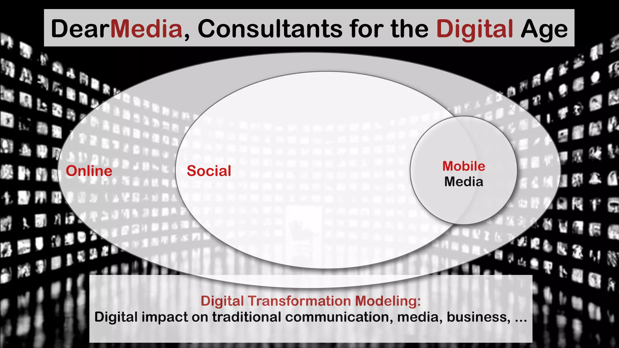 DearMedia, Consultants for the Digital Age

Online

Mobile
Media

Social

!

Digital Transformation Modeling:
Digital impact on traditional communication, media, business, ...
@jcaudron

 