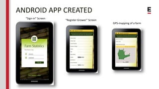 ANDROID APP CREATED
“Sign-in” Screen
“Register Grower” Screen
GPS-mapping of a farm
 