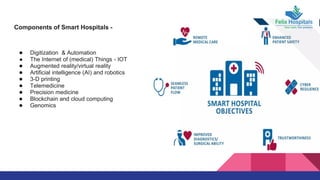 Components of Smart Hospitals -
● Digitization & Automation
● The Internet of (medical) Things - IOT
● Augmented reality/virtual reality
● Artificial intelligence (AI) and robotics
● 3-D printing
● Telemedicine
● Precision medicine
● Blockchain and cloud computing
● Genomics
 