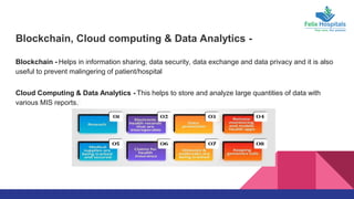Blockchain, Cloud computing & Data Analytics -
Blockchain - Helps in information sharing, data security, data exchange and data privacy and it is also
useful to prevent malingering of patient/hospital
Cloud Computing & Data Analytics - This helps to store and analyze large quantities of data with
various MIS reports.
 