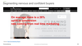 Segmenting nervous and confident buyers
Source: Real-Time Marketing Report
Econsultancy econsultancy.com/transformation 24
On average there is a 26%
uplift in conversion
rate coming from real time marketing
 