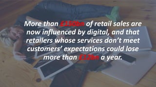 More than £150bn of retail sales are
now influenced by digital, and that
retailers whose services don’t meet
customers’ expectations could lose
more than £12bn a year.
 
