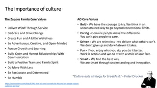 The importance of culture
The Zappos Family Core Values
• Deliver WOW Through Service
• Embrace and Drive Change
• Create Fun and A Little Weirdness
• Be Adventurous, Creative, and Open-Minded
• Pursue Growth and Learning
• Build Open and Honest Relationships With
Communication
• Build a Positive Team and Family Spirit
• Do More With Less
• Be Passionate and Determined
• Be Humble
AO Core Values
• Bold - We have the courage to try. We think in an
unconstrained way to go beyond conventional limits.
• Caring - Genuine people make the difference.
You can’t pay people to care.
• Driven - We are relentless - we deliver what others can’t.
We don’t give up and do whatever it takes.
• Fun - If you enjoy what you do, you do it better.
Work is serious and we do it with a smile on our face.
• Smart - We find the best way.
We are smart through understanding and innovation.
34
“Culture eats strategy for breakfast.” - Peter Drucker
https://econsultancy.com/blog/67942-how-ao-com-succeeds-by-focusing-on-people-culture-
customer-service/
 