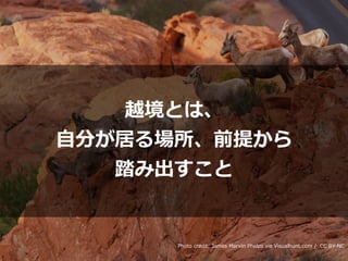 Toshihiro Ichitani All Rights Reserved.
Photo credit: James Marvin Phelps via Visualhunt.com / CC BY-NC
越境とは、


⾃分が居る場所、前提から


踏み出すこと
 
