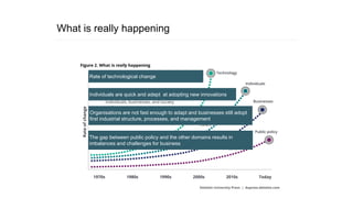 What is really happening
Rate of technological change
Individuals are quick and adept at adopting new innovations
Organisations are not fast enough to adapt and businesses still adopt
first industrial structure, processes, and management
The gap between public policy and the other domains results in
imbalances and challenges for business
 