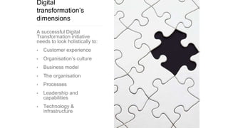 Digital
transformation’s
dimensions
A successful Digital
Transformation initiative
needs to look holistically to:
• Customer experience
• Organisation’s culture
• Business model
• The organisation
• Processes
• Leadership and
capabilities
• Technology &
infrastructure
 