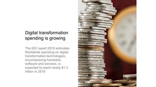 Digital transformation
spending is growing
The IDC report 2018 estimates
Worldwide spending on digital
transformation technologies,
encompassing hardware,
software and services, is
expected to reach nearly $1.3
trillion in 2018
 