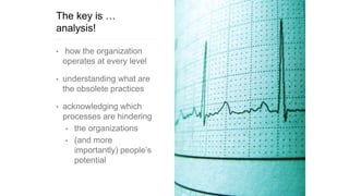 The key is …
analysis!
• how the organization
operates at every level
• understanding what are
the obsolete practices
• acknowledging which
processes are hindering
• the organizations
• (and more
importantly) people’s
potential
 