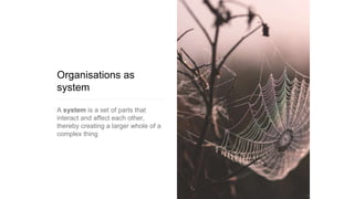 Organisations as
system
A system is a set of parts that
interact and affect each other,
thereby creating a larger whole of a
complex thing
 