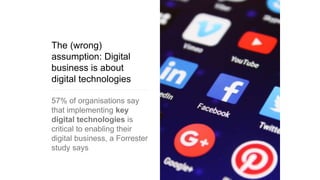 The (wrong)
assumption: Digital
business is about
digital technologies
57% of organisations say
that implementing key
digital technologies is
critical to enabling their
digital business, a Forrester
study says
 