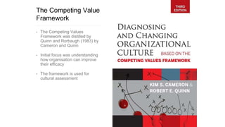 The Competing Value
Framework
• The Competing Values
Framework was distilled by
Quinn and Rorbaugh (1983) by
Cameron and Quinn
• Initial focus was understanding
how organisation can improve
their efficacy
• The framework is used for
cultural assessment
 