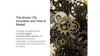 The drivers: CX,
Innovation and Time to
Market
Forrester reveals that the
top three digital
transformation drivers are
improved customers
experience, increased speed of
innovation, and improved-time-
to market
 