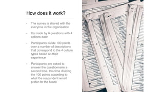 How does it work?
• The survey is shared with the
everyone in the organisation
• It’s made by 6 questions with 4
options each
• Participants divide 100 points
over a number of descriptions
that correspond to the 4 culture
types based on their
experience
• Participants are asked to
answer the questionnaire a
second time, this time dividing
the 100 points according to
what the respondent would
prefer for the future
 