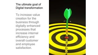 The ultimate goal of
Digital transformation
To increase value
creation for the
business through
digitally enhanced
processes that
increase internal
efficiency and
overall customer
and employee
satisfaction.
 