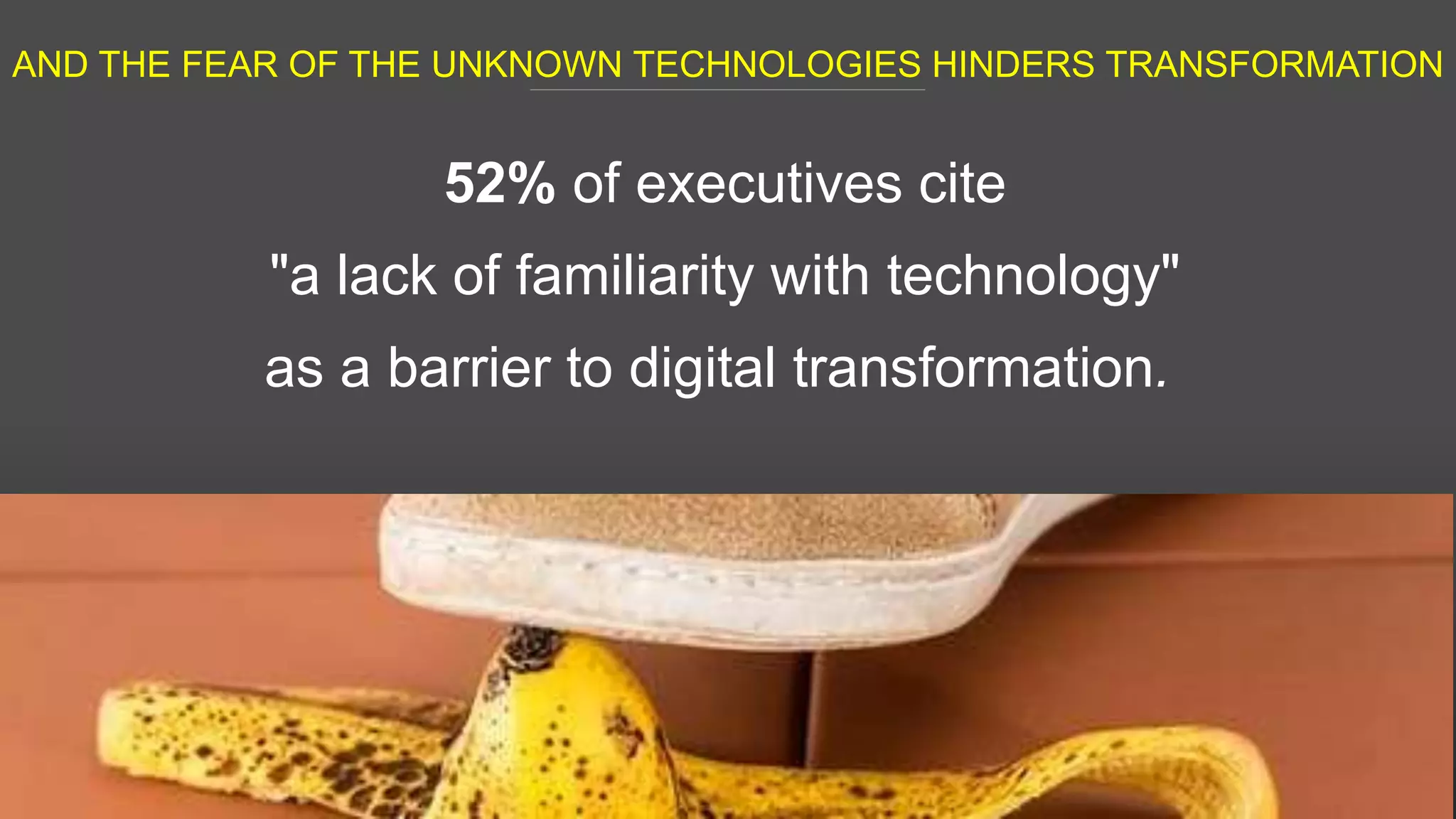 AND THE FEAR OF THE UNKNOWN TECHNOLOGIES HINDERS TRANSFORMATION
11
52% of executives cite
"a lack of familiarity with technology"
as a barrier to digital transformation.
 