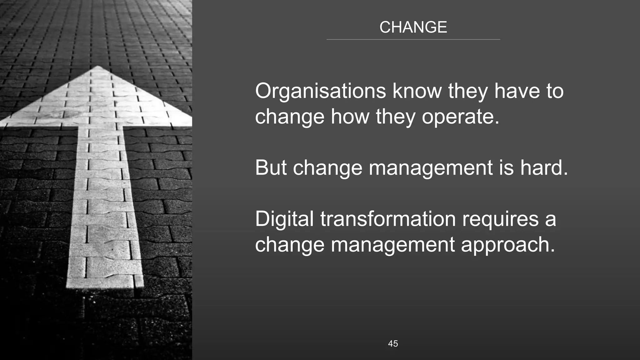 CHANGE
45
Organisations know they have to
change how they operate.
But change management is hard.
Digital transformation requires a
change management approach.
 