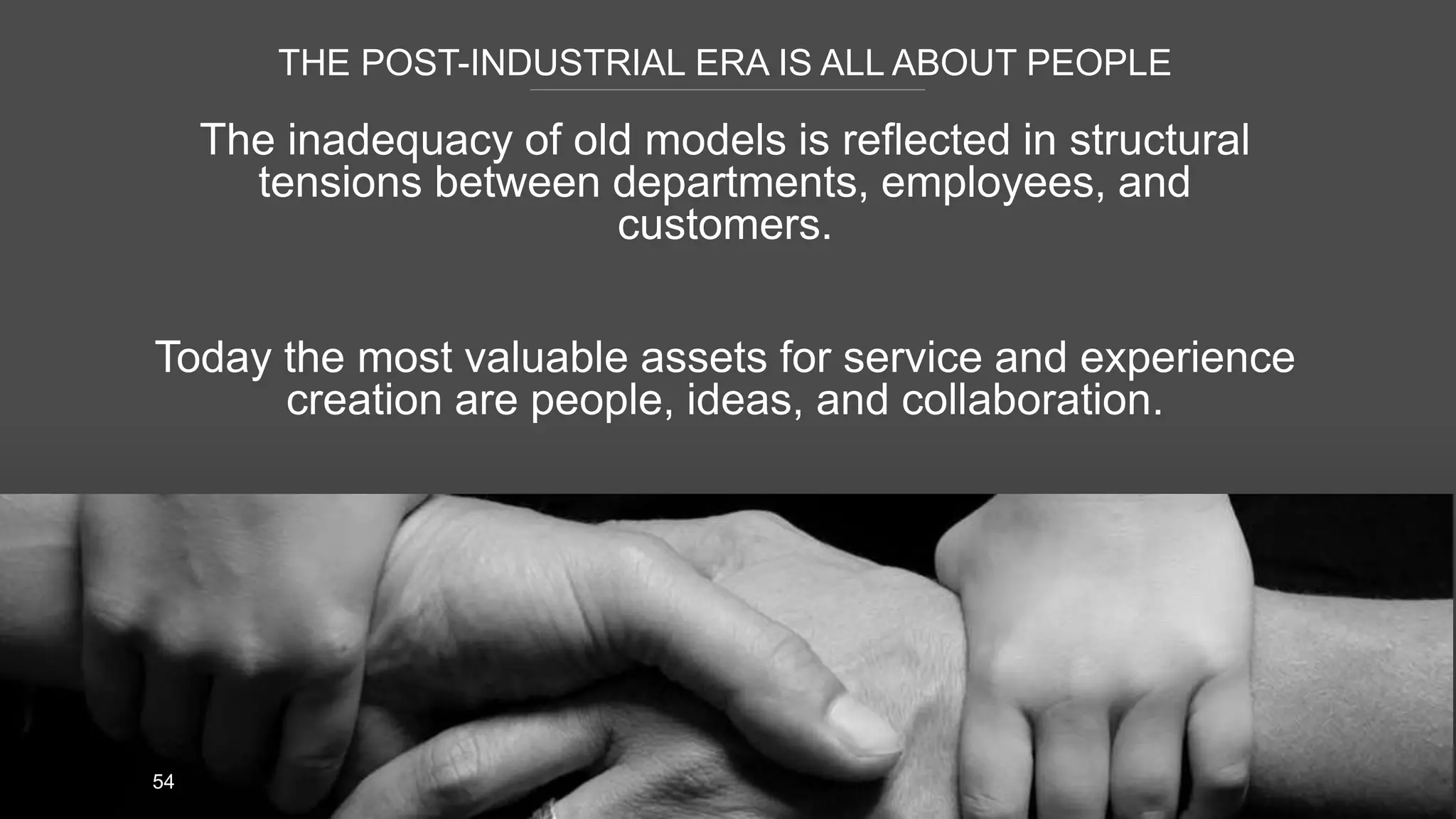 THE POST-INDUSTRIAL ERA IS ALL ABOUT PEOPLE
54
The inadequacy of old models is reflected in structural
tensions between departments, employees, and
customers.
Today the most valuable assets for service and experience
creation are people, ideas, and collaboration.
 