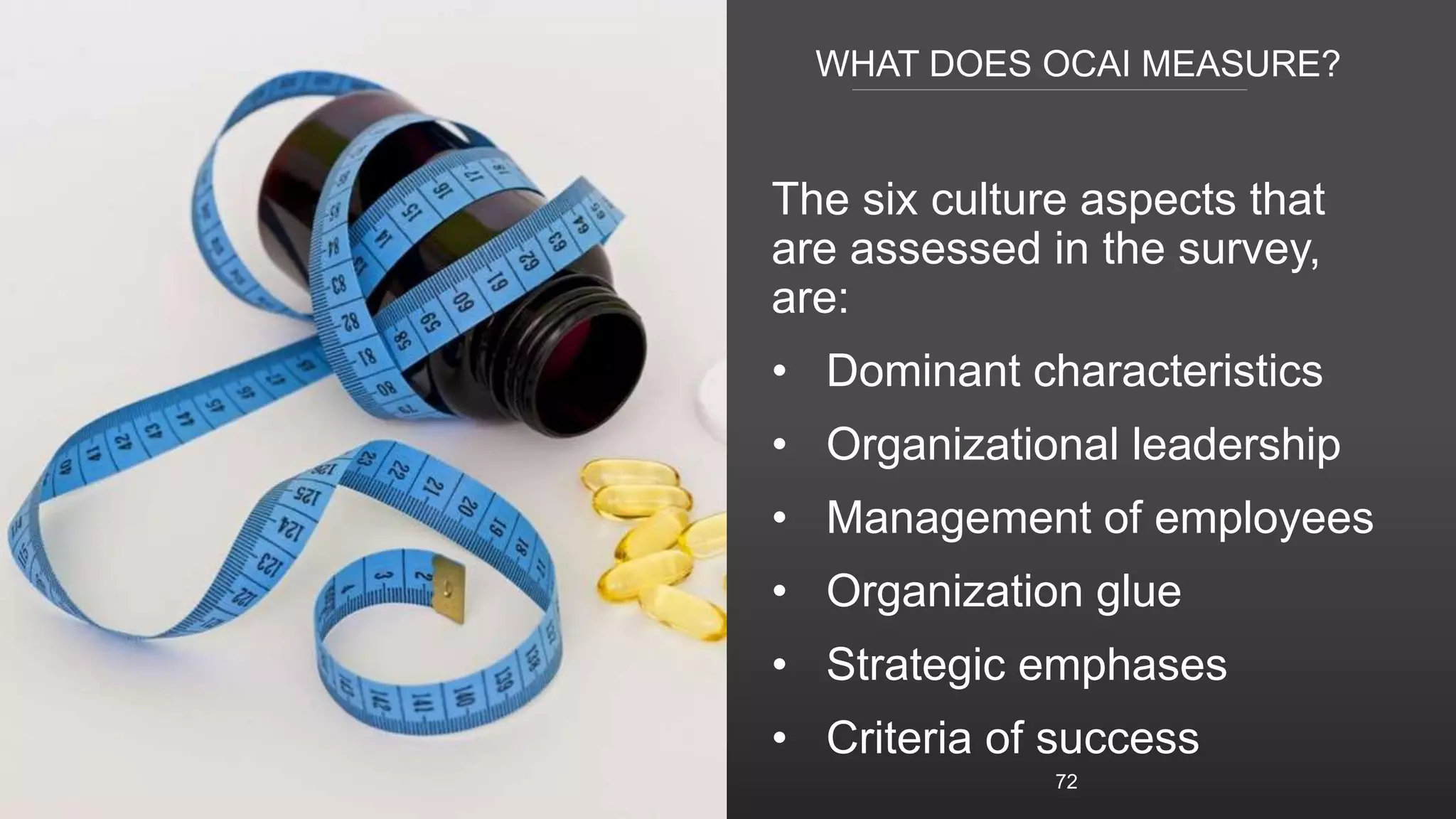 WHAT DOES OCAI MEASURE?
The six culture aspects that
are assessed in the survey,
are:
• Dominant characteristics
• Organizational leadership
• Management of employees
• Organization glue
• Strategic emphases
• Criteria of success
72
 