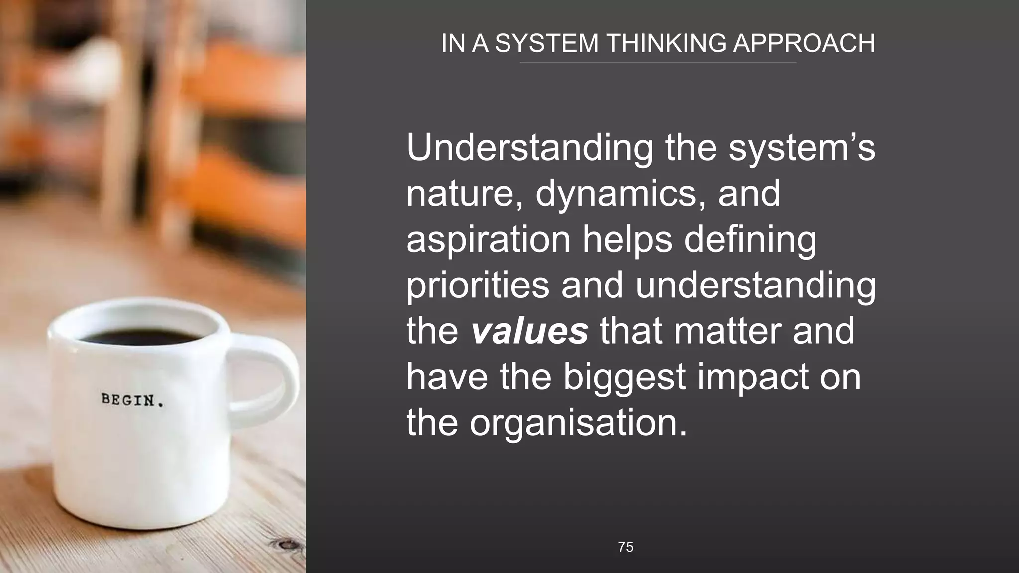 IN A SYSTEM THINKING APPROACH
75
Understanding the system’s
nature, dynamics, and
aspiration helps defining
priorities and understanding
the values that matter and
have the biggest impact on
the organisation.
 