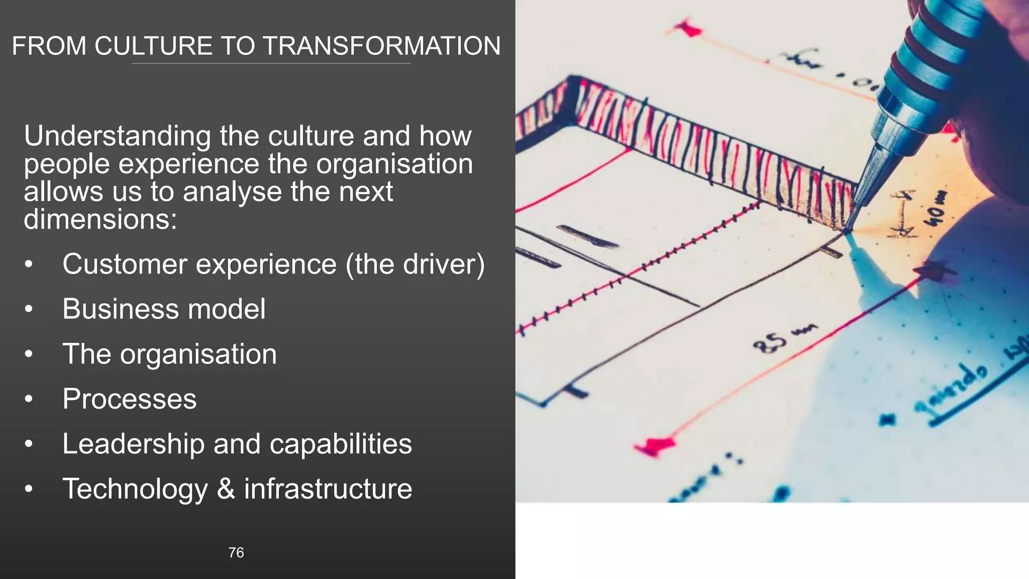 FROM CULTURE TO TRANSFORMATION
Understanding the culture and how
people experience the organisation
allows us to analyse the next
dimensions:
• Customer experience (the driver)
• Business model
• The organisation
• Processes
• Leadership and capabilities
• Technology & infrastructure
76
 