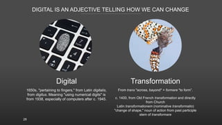 DIGITAL IS AN ADJECTIVE TELLING HOW WE CAN CHANGE
28
Digital Transformation
1650s, "pertaining to fingers," from Latin dig...