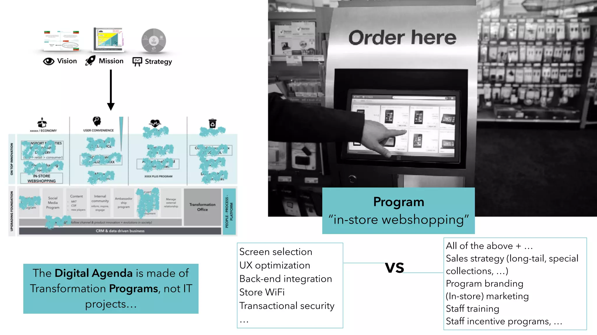 The Digital Agenda is made of
Transformation Programs, not IT
projects…
Program
“in-store webshopping”
Screen selection
UX optimization
Back-end integration
Store WiFi
Transactional security
…
vs
All of the above + …
Sales strategy (long-tail, special
collections, …)
Program branding
(In-store) marketing
Staff training
Staff incentive programs, …
StrategyVision Mission
 