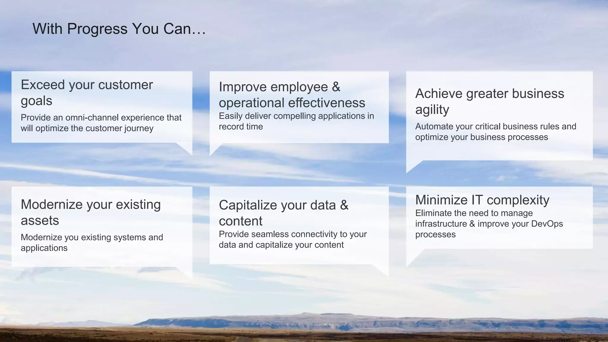 © 2016 Progress Software Corporation and/or its subsidiaries or affiliates. All rights reserved.23
With Progress You Can…
Exceed your customer
goals
Provide an omni-channel experience that
will optimize the customer journey
Improve employee &
operational effectiveness
Easily deliver compelling applications in
record time
Achieve greater business
agility
Automate your critical business rules and
optimize your business processes
Modernize your existing
assets
Modernize you existing systems and
applications
Capitalize your data &
content
Provide seamless connectivity to your
data and capitalize your content
Minimize IT complexity
Eliminate the need to manage
infrastructure & improve your DevOps
processes
 