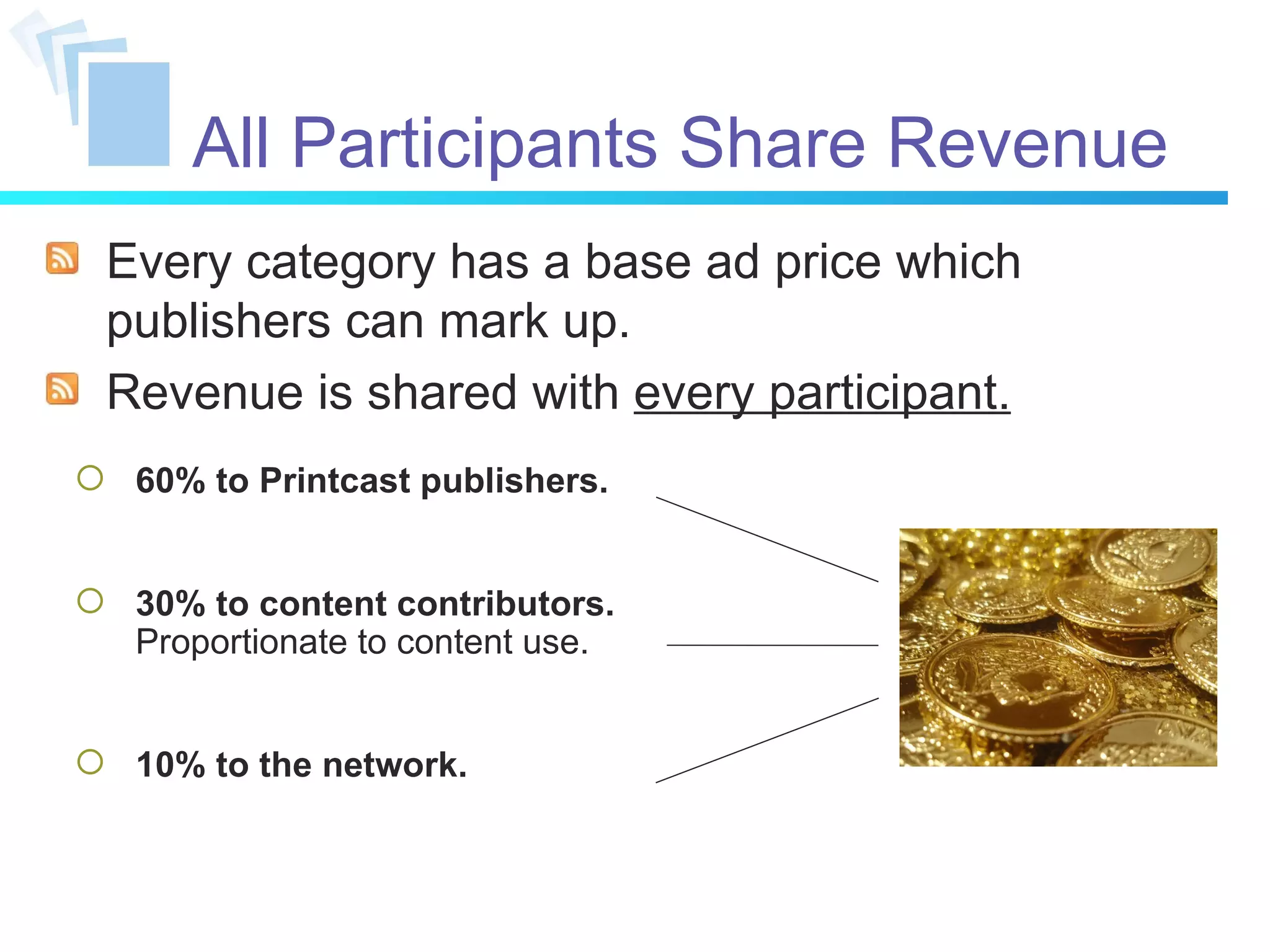 All Participants Share Revenue Every category has a base ad price which publishers can mark up. Revenue is shared with  every participant. 60% to Printcast publishers. 30% to content contributors. Proportionate to content use. 10% to the network. 