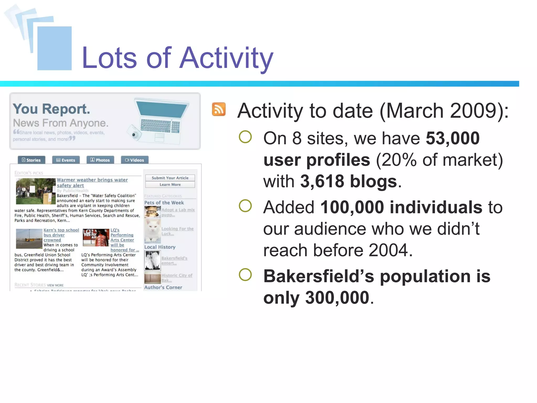 Lots of Activity Activity to date (March 2009): On 8 sites, we have  53,000 user profiles  (20% of market) with  3,618 blogs . Added  100,000 individuals  to our audience who we didn’t reach before 2004. Bakersfield’s population is only 300,000 . 