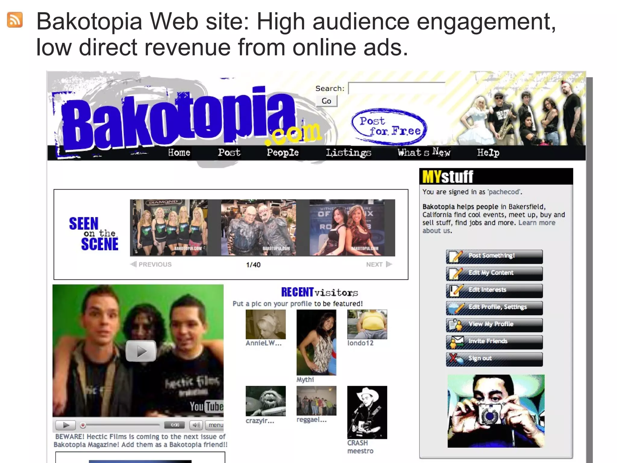 Bakotopia Web site: High audience engagement, low direct revenue from online ads. 