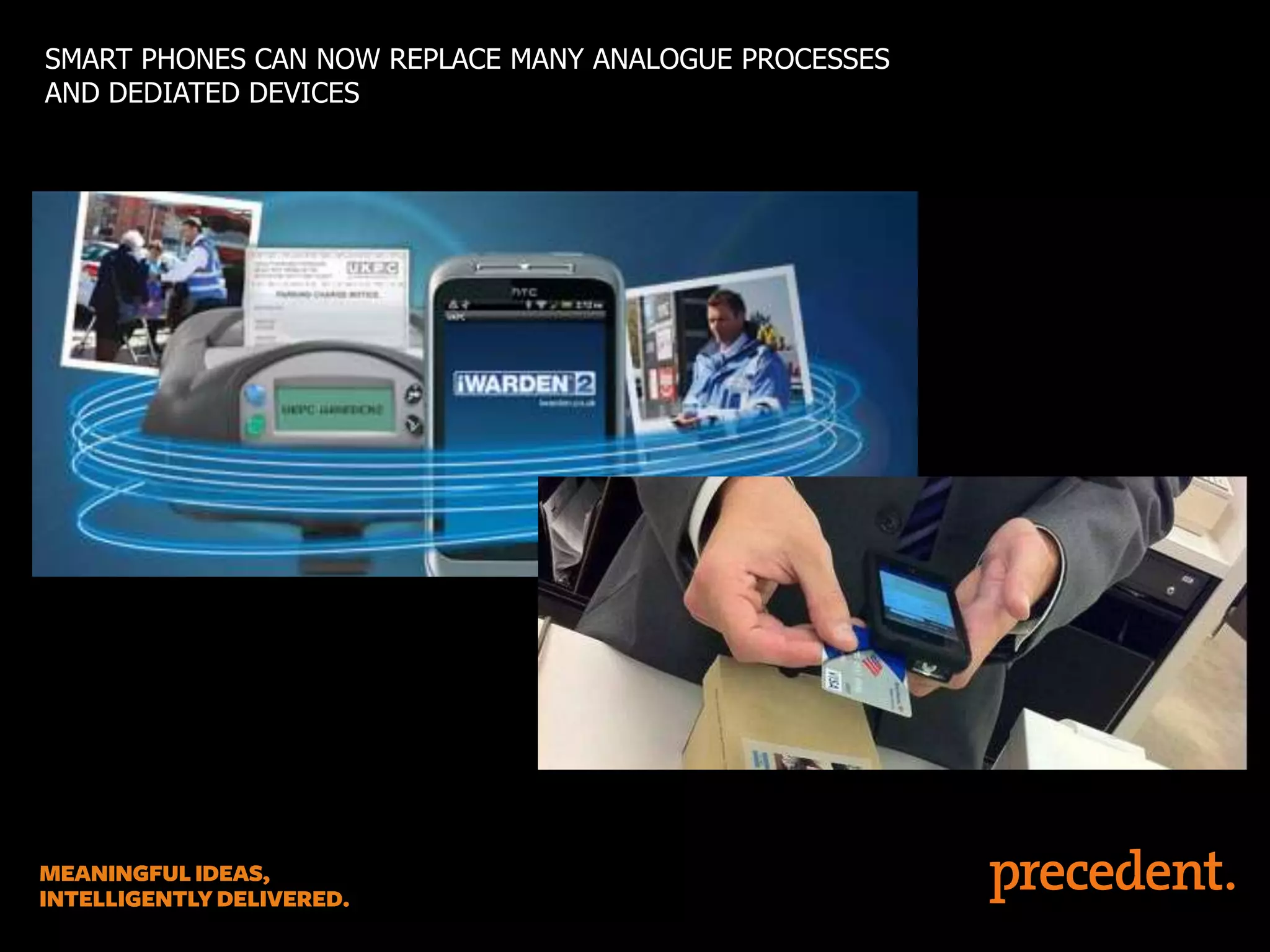 SMART PHONES CAN NOW REPLACE MANY ANALOGUE PROCESSES
AND DEDIATED DEVICES

 