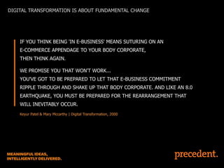 DIGITAL TRANSFORMATION IS ABOUT FUNDAMENTAL CHANGE

IF YOU THINK BEING 'IN E-BUSINESS' MEANS SUTURING ON AN
E-COMMERCE APPENDAGE TO YOUR BODY CORPORATE,

THEN THINK AGAIN.
WE PROMISE YOU THAT WON'T WORK...
YOU'VE GOT TO BE PREPARED TO LET THAT E-BUSINESS COMMITMENT
RIPPLE THROUGH AND SHAKE UP THAT BODY CORPORATE. AND LIKE AN 8.0

EARTHQUAKE, YOU MUST BE PREPARED FOR THE REARRANGEMENT THAT
WILL INEVITABLY OCCUR.
Keyur Patel & Mary Mccarthy | Digital Transformation, 2000

 