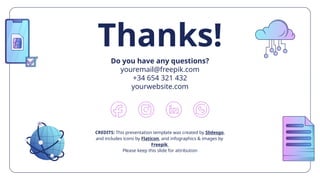 CREDITS: This presentation template was created by Slidesgo,
and includes icons by Flaticon, and infographics & images by
Freepik
Thanks!
Do you have any questions?
youremail@freepik.com
+34 654 321 432
yourwebsite.com
Please keep this slide for attribution
 