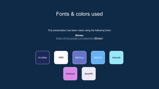 This presentation has been made using the following fonts:
Blinker
(https://fonts.google.com/specimen/Blinker)
Fonts & colors used
#1c285a #ffffff #6574ca #65b2f5
#d98ae9 #ede9f8
#94eaf8
 